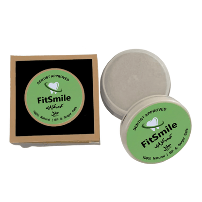 FitSmile dentist approved herbal teeth whitening powder with 100% natural, BP and sugar safe label