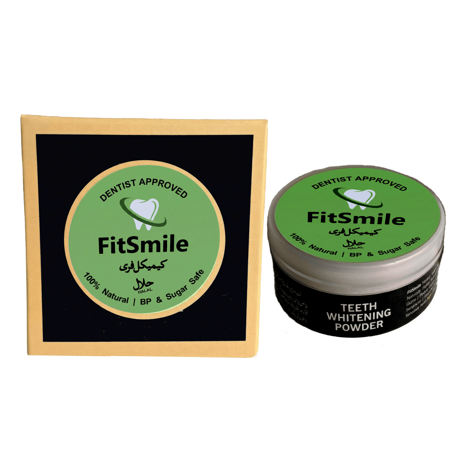 FitSmile teeth whitening powder with green label, dentist approved, 100% natural, BP and sugar safe, halal