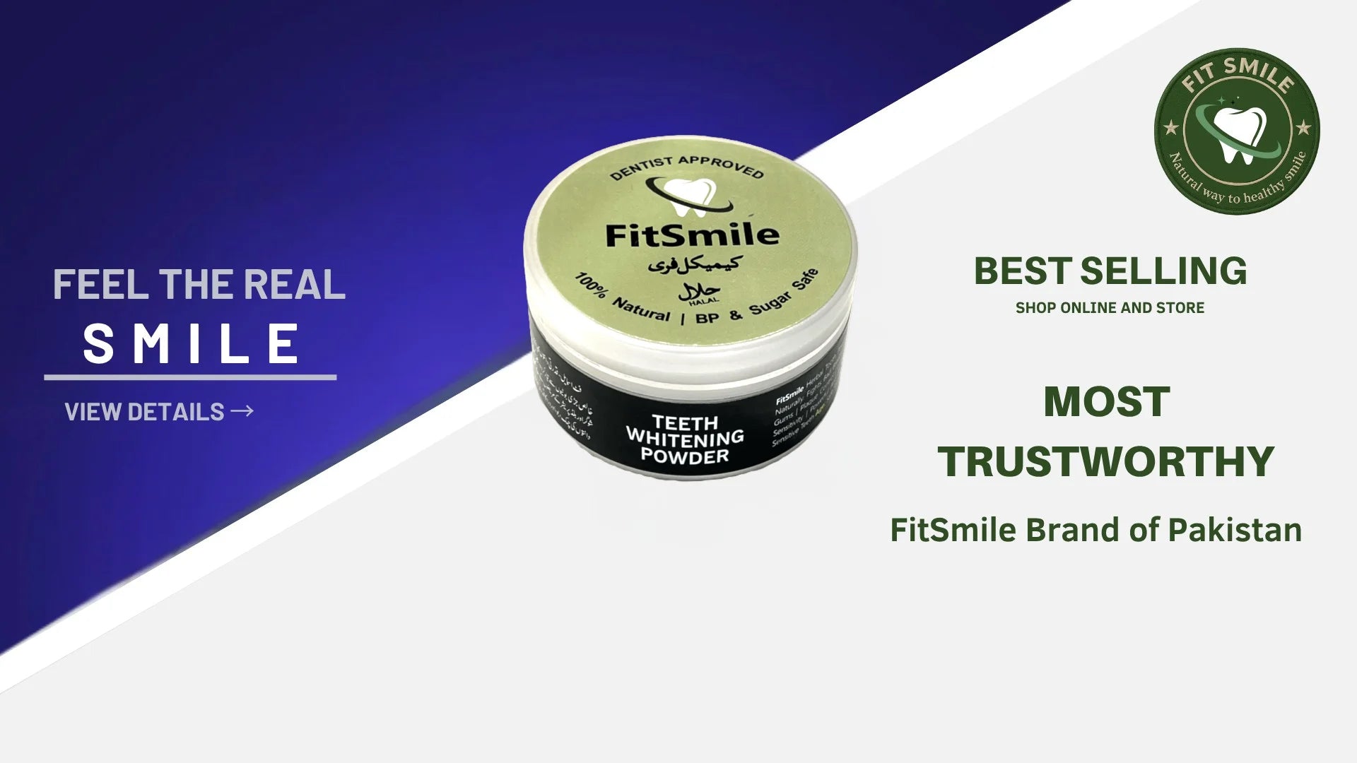 FitSmile teeth whitening powder container with branding text.